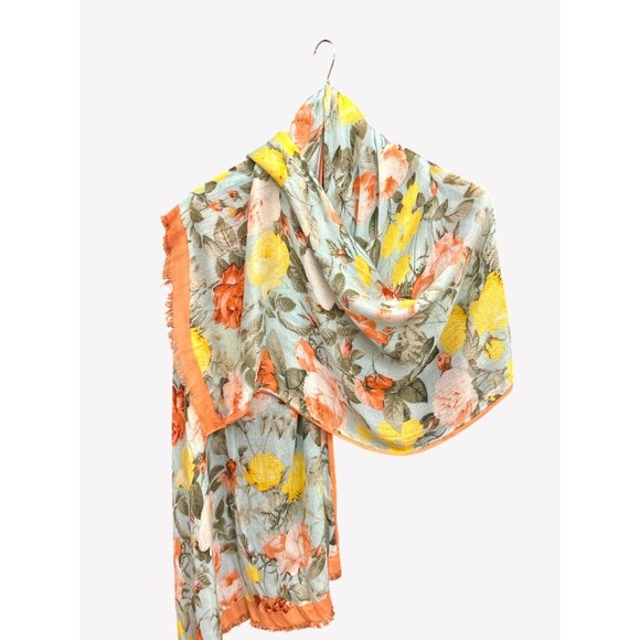 Floral Print Lightweight Scarf Shawl Orange Yellow Green Boho Chic Cottagecore - Picture 1 of 2